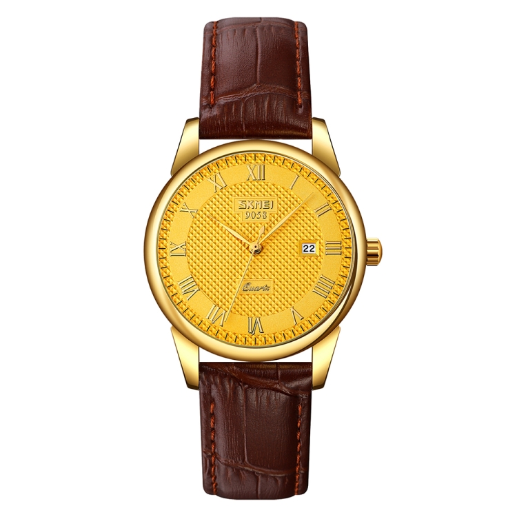 SKMEI 9058 Multifunctional Outdoor Fashion Waterproof Gold Shell Quartz Wrist Watch(Women Style Gold Face Brown Strap)