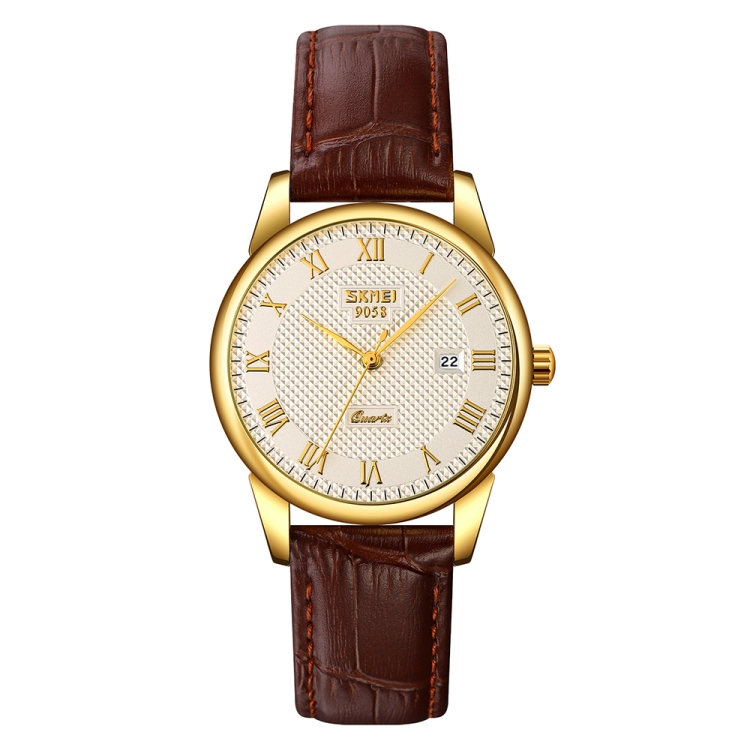 SKMEI 9058 Multifunctional Outdoor Fashion Waterproof Gold Shell Quartz Wrist Watch(Women Style Silver Face Brown Strap)