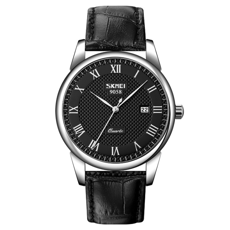 SKMEI 9058 Multifunctional Outdoor Fashion Waterproof Silver Shell Quartz Wrist Watch (Men Style Black Face Black Strap)