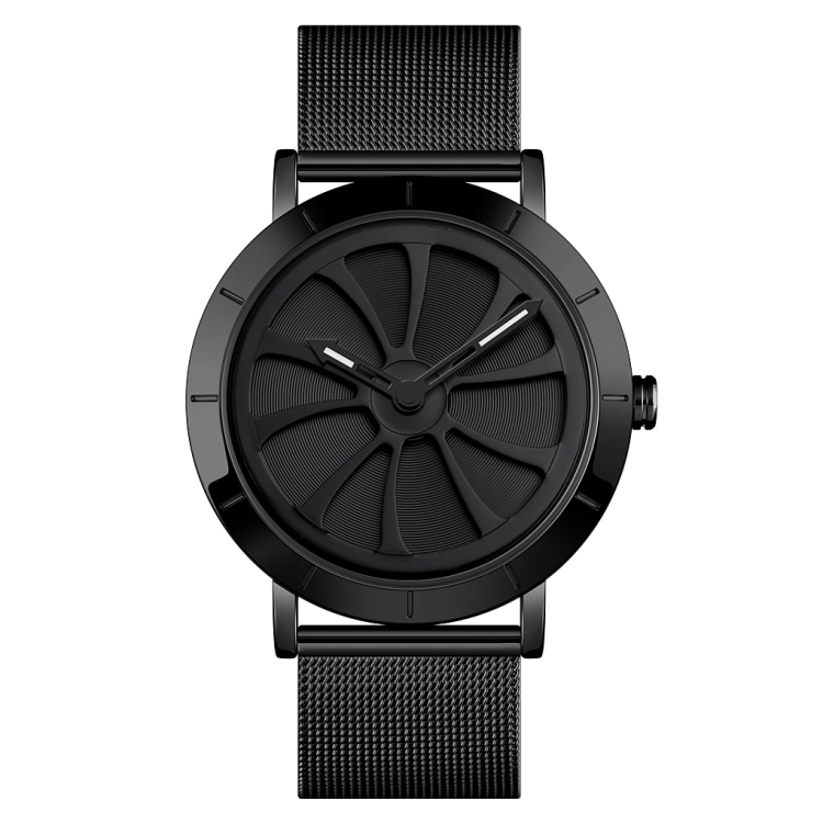 SKMEI 9204 Fashion Skeleton Rotating Dial Waterproof Business Mesh Belt Quartz Watch Men Watch(Black)