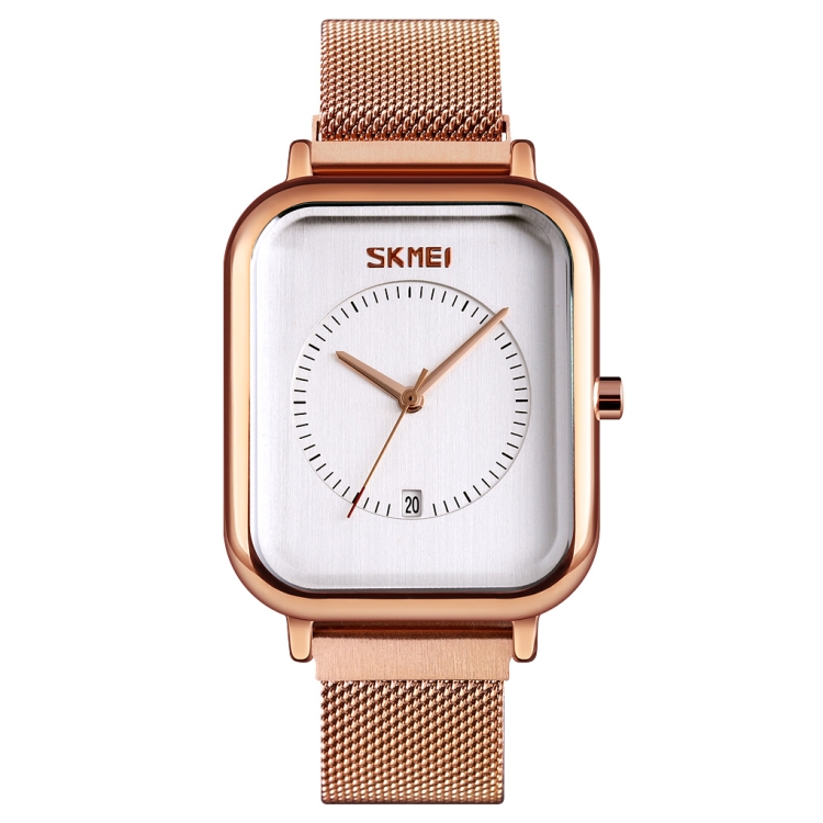 SKMEI 9207 Fashion Creative Simple Watch Men Magnetic Buckle Mesh Belt Steel Belt Couple Quartz Watch(Rose Gold White)