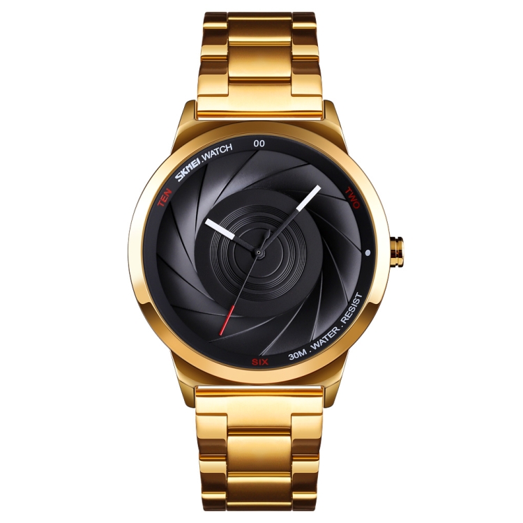 Skmei 9210 Fashion Trend Mens Business Wristwatch Simple Three-Dimensional Surface Waterproof Gold Quartz Watch Man(Golden Black)