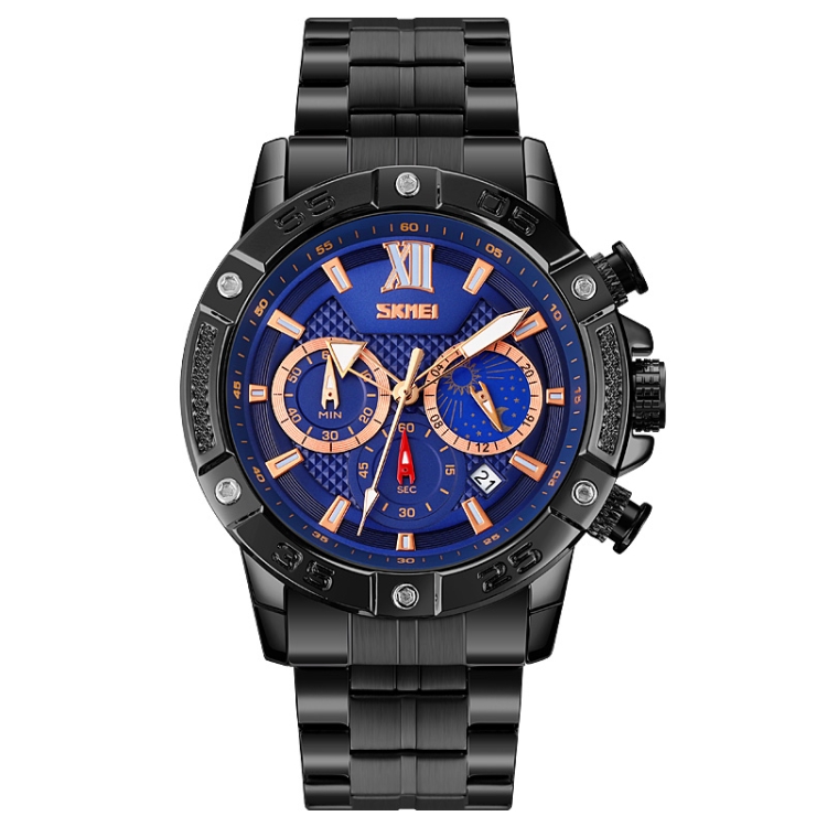 SKMEI 9235 Men Moonphase Stopwatch Stainless Steel Strap Quartz Watch(Black Blue)