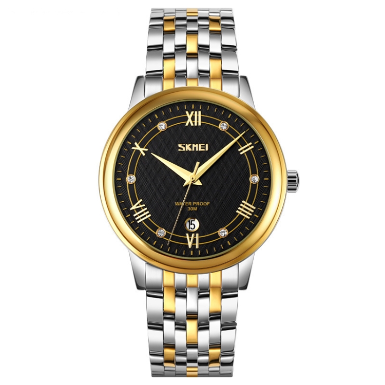SKMEI 9272 Stainless Steel Buckle Strap Waterproof Quartz Watch Man(Gold and Black)