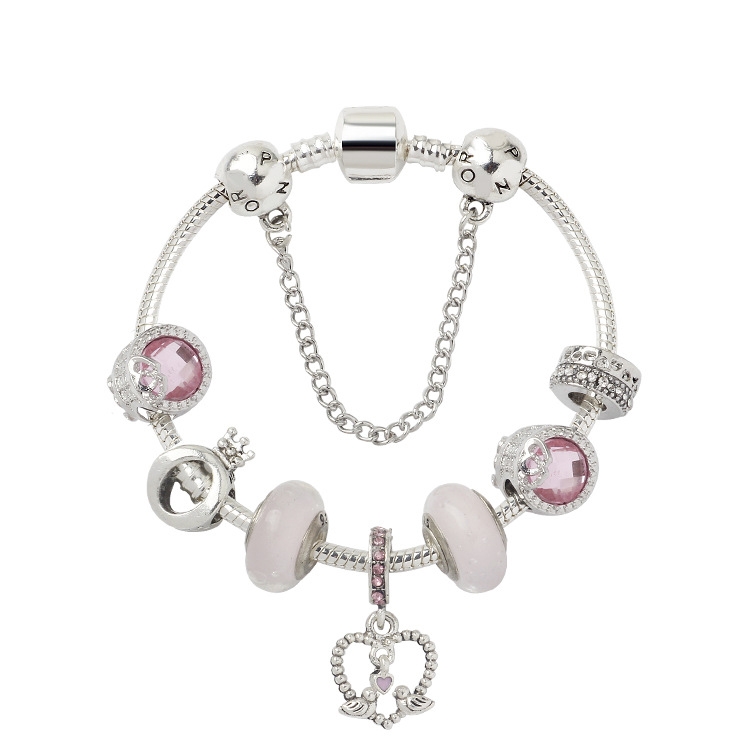 SL85 Colored Glaze Large Hole Bead Bracelet Alloy Pink Series Love Bird Pendant Bracelet, Size: 20cm