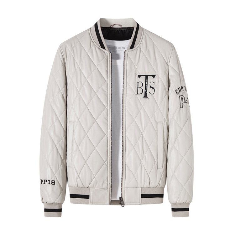 Slim V-Neck Pinch Cotton Baseball Jacket Warm PU Leather Jacket, Size: M(White)