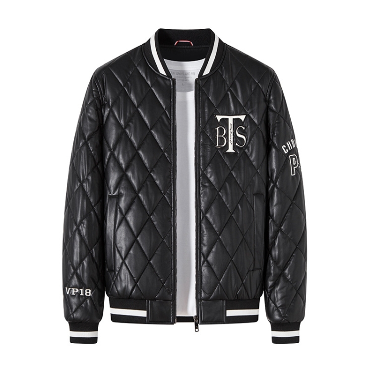 Slim V-Neck Pinch Cotton Baseball Jacket Warm PU Leather Jacket, Size: XXXL(Black)
