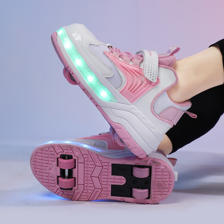 Small Four-Wheeled Walking Shoes Children Luminous Deformation Roller Shoes, Size: 34(XF03 Mesh Pink)