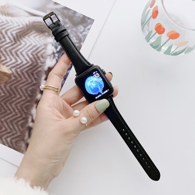 Small Pretty Waist Double-sided Leather Watch Band For Apple Watch Series 9&8&7 41mm / SE 3&SE 2&6&SE&5&4 40mm / 3&2&1 38mm(Black)