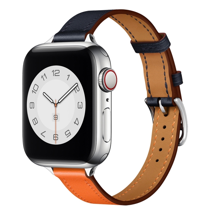 Small Waist Leather Watch Band For Apple Watch Ultra 49mm&Watch Ultra 2 49mm / Series 9&8&7 45mm / SE 3&SE 2&6&SE&5&4 44mm / 3&2&1 42mm(Orange + Indigo)