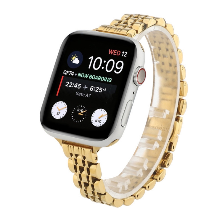 Small Waist Seven Beads Stainless Steel Strap Watch Band For Apple Watch Ultra 49mm&Watch Ultra 2 49mm / Series 9&8&7 45mm / SE 3&SE 2&6&SE&5&4 44mm / 3&2&1 42mm(Gold)
