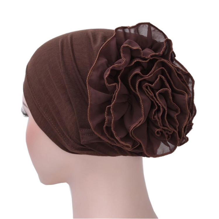 Solid Color Chiffon Big Cap Flower Pullover Turban Hat, Size:One Size(Dark Coffee)