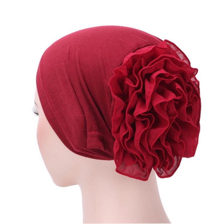 Solid Color Chiffon Big Cap Flower Pullover Turban Hat, Size:One Size(Wine Red)