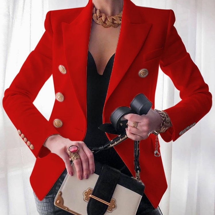 Solid Color Slim Long-sleeved Cardigan Short Suit Jacket for Ladies (Color:Red Size:L)