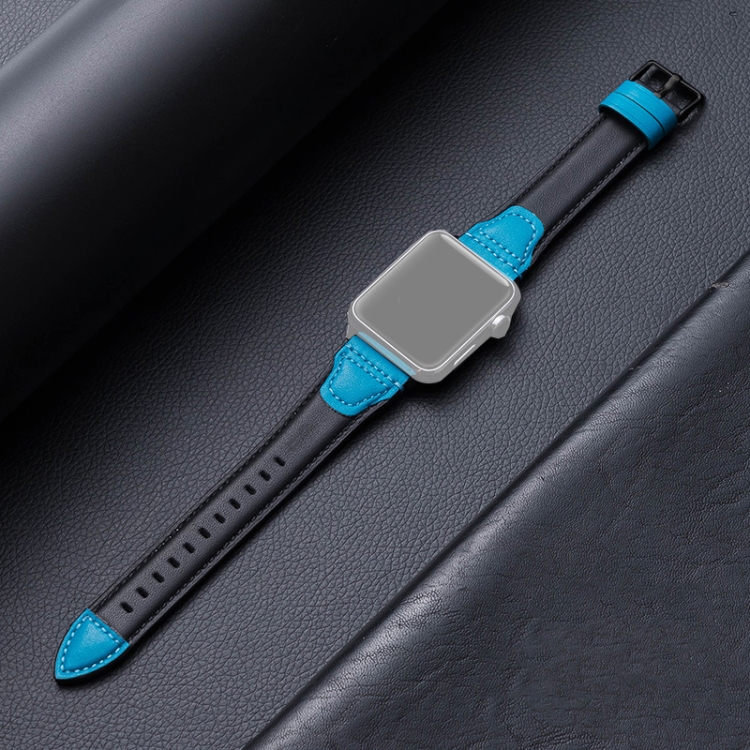 Splicing Cowhide Leather Watch Band For Apple Watch Series 9&8&7 41mm / SE 3&SE 2&6&SE&5&4 40mm / 3&2&1 38mm(Black Blue)