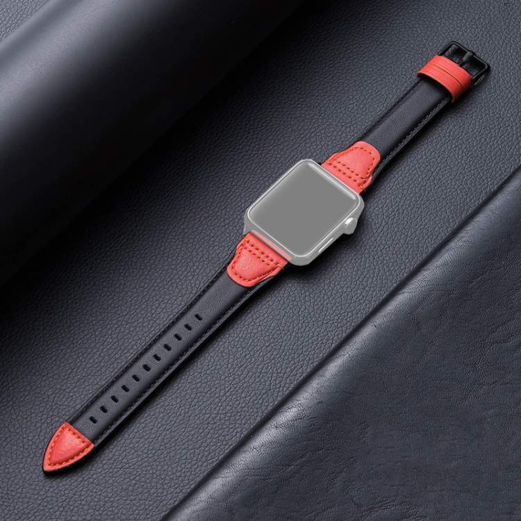 Splicing Cowhide Leather Watch Band For Apple Watch Ultra 49mm&Watch Ultra 2 49mm / Series 9&8&7 45mm / SE 3&SE 2&6&SE&5&4 44mm / 3&2&1 42mm(Black Red)