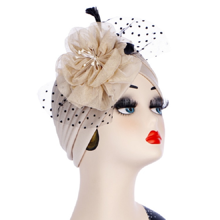 Spring and Autumn Flowers Dots Mesh Turban Hat Wrap Hat(Beige)