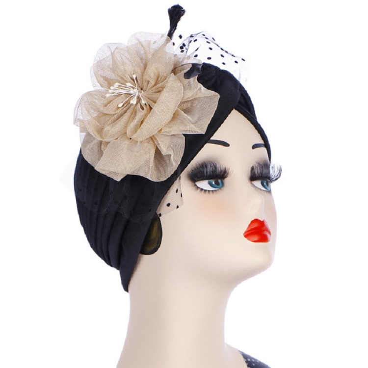Spring and Autumn Flowers Dots Mesh Turban Hat Wrap Hat(Black + Beige)