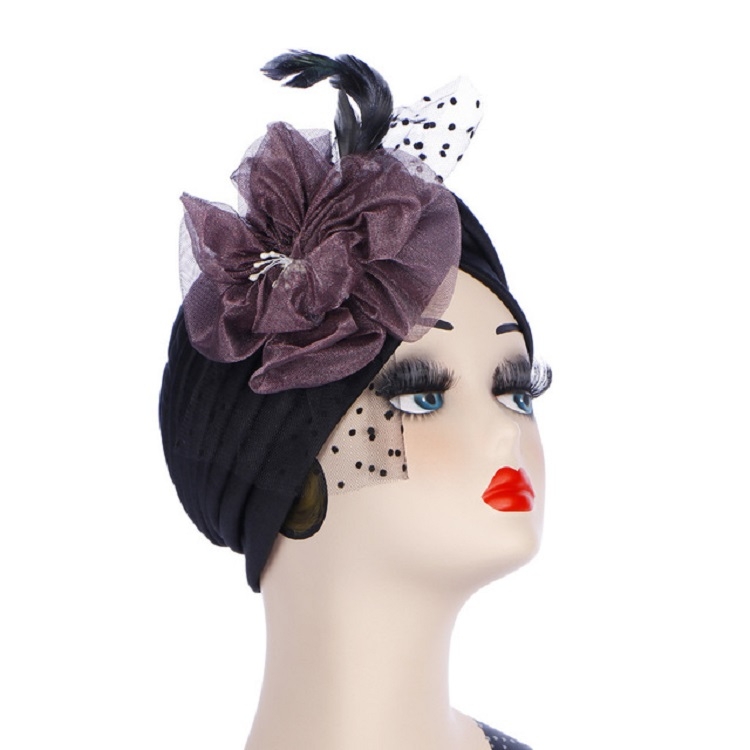 Spring and Autumn Flowers Dots Mesh Turban Hat Wrap Hat(Black + Purple)