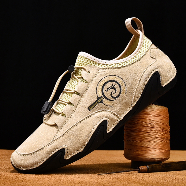 Spring And Summer Men Casual Breathable Peas Shoes Leather Pigskin Lazy Sneakers, Size: 42(Beige)