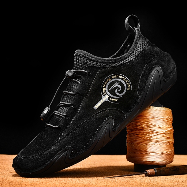 Spring And Summer Men Casual Breathable Peas Shoes Leather Pigskin Lazy Sneakers, Size: 42(Black)