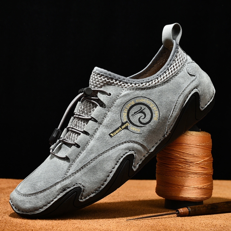 Spring And Summer Men Casual Breathable Peas Shoes Leather Pigskin Lazy Sneakers, Size: 45(Gray)