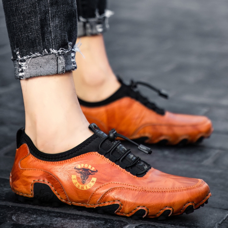 Spring And Summer Men Casual Octopus Peas Lazy Shoes Breathable Leather Shoes, Size: 47(Brown)