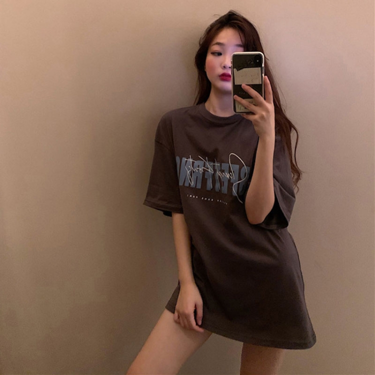 Spring and Summer Retro Print Mid-length Loose Short-sleeved Top T-shirt, Size: M(Dark Gray)
