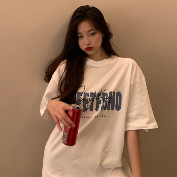 Spring and Summer Retro Print Mid-length Loose Short-sleeved Top T-shirt, Size: XL(White)