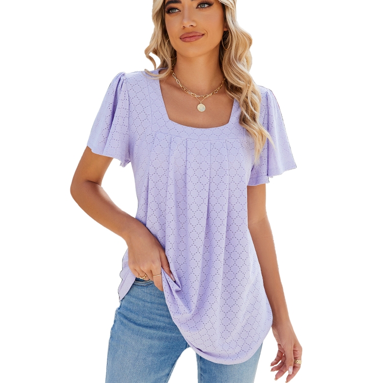 Spring and Summer Square Neck Pleated Short Sleeve Ladies Loose T-Shirt Top, Size: M(Purple)