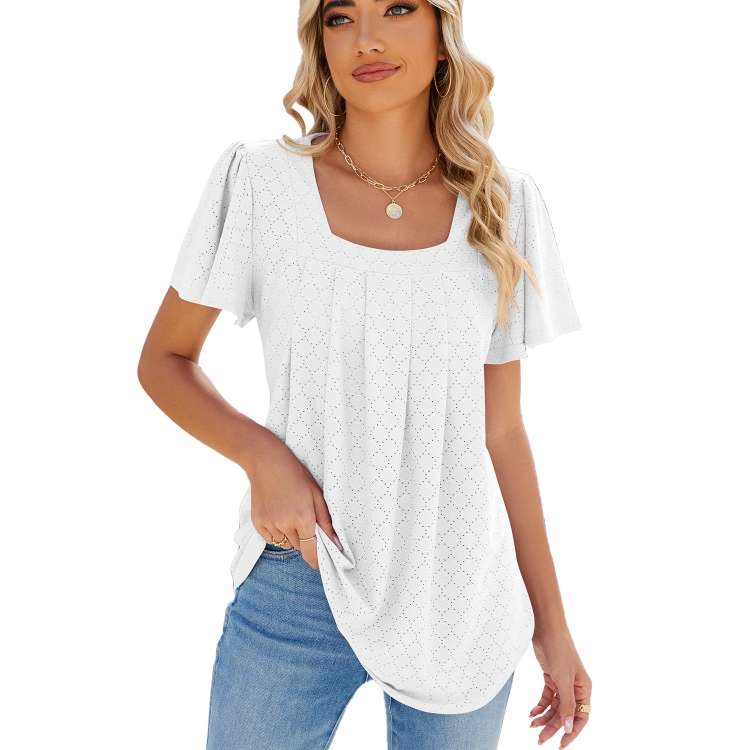Spring and Summer Square Neck Pleated Short Sleeve Ladies Loose T-Shirt Top, Size: M(White)