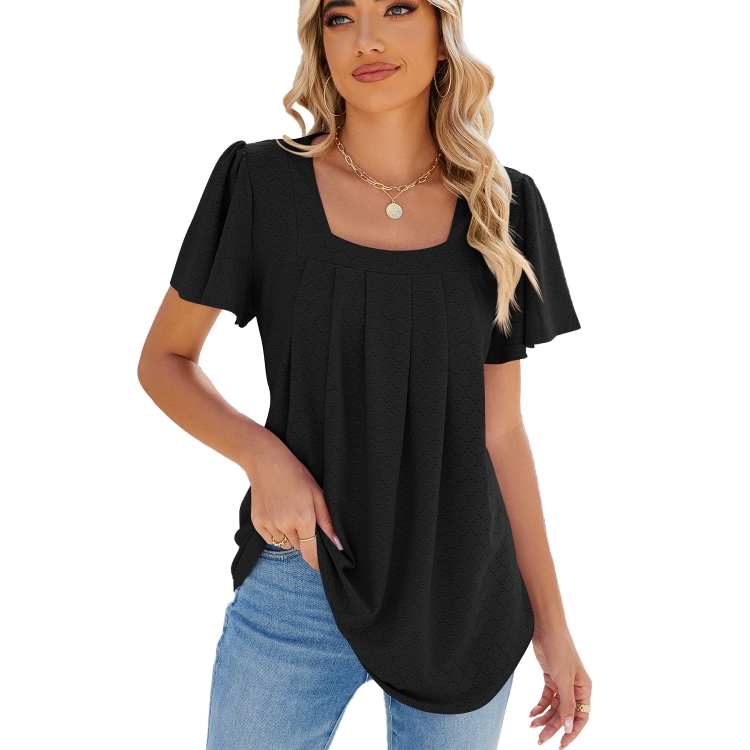 Spring and Summer Square Neck Pleated Short Sleeve Ladies Loose T-Shirt Top, Size: S(Black)