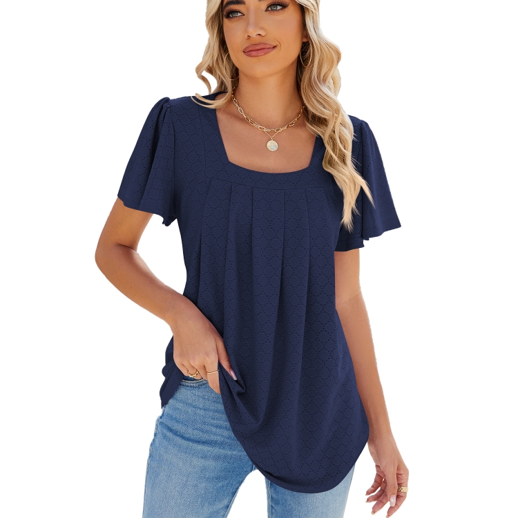 Spring and Summer Square Neck Pleated Short Sleeve Ladies Loose T-Shirt Top, Size: S(Navy)