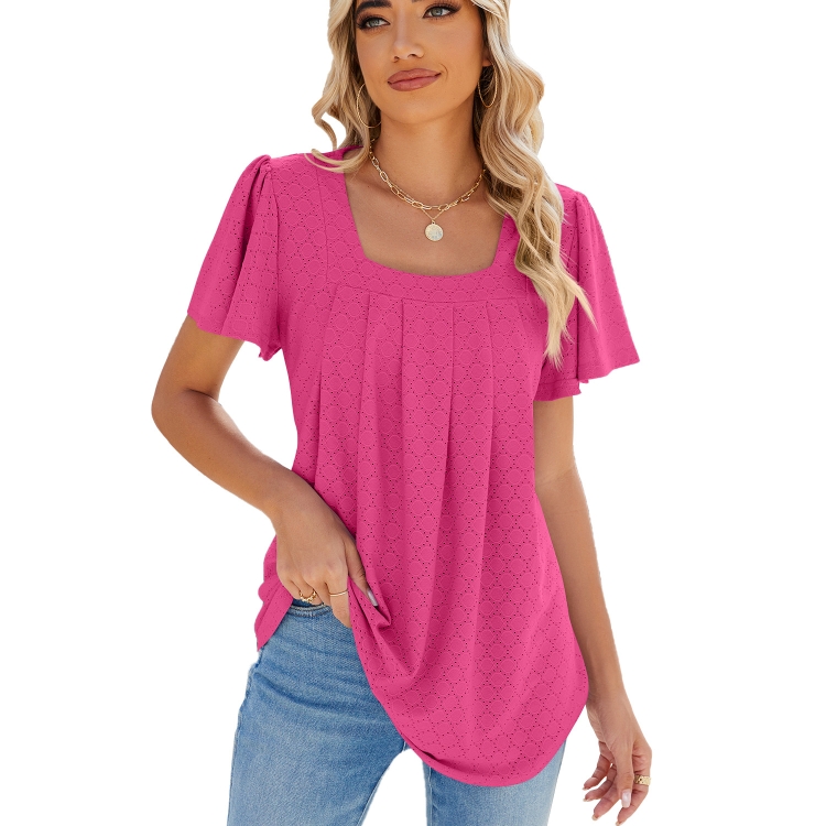 Spring and Summer Square Neck Pleated Short Sleeve Ladies Loose T-Shirt Top, Size: S(Rose Pink)