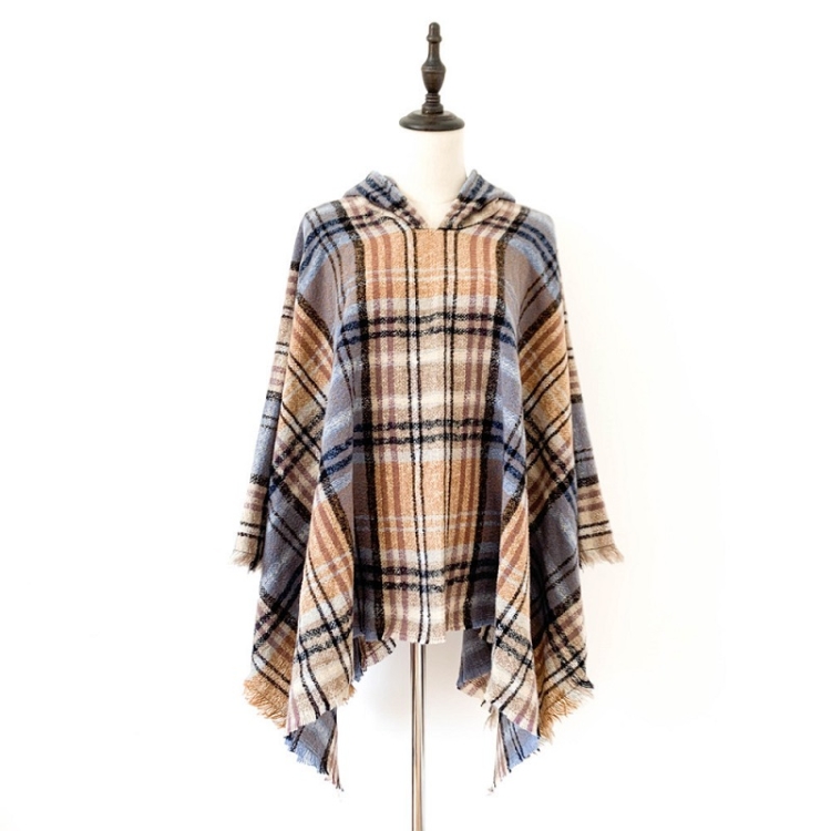 Spring Autumn Winter Checkered Pattern Hooded Cloak Shawl Scarf, Length (CM): 135cm(DP-02 Turmeric)