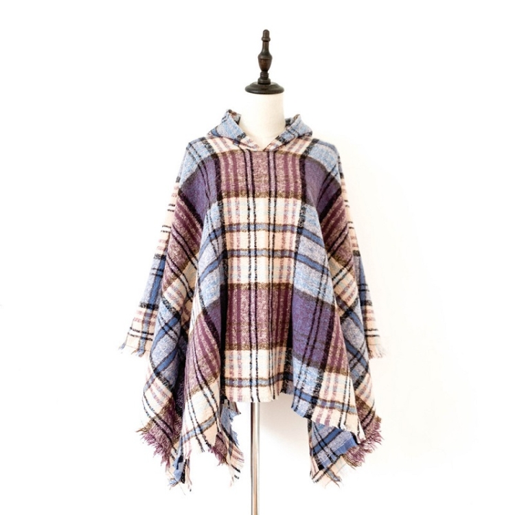 Spring Autumn Winter Checkered Pattern Hooded Cloak Shawl Scarf, Length (CM): 135cm(DP-03  Purple)