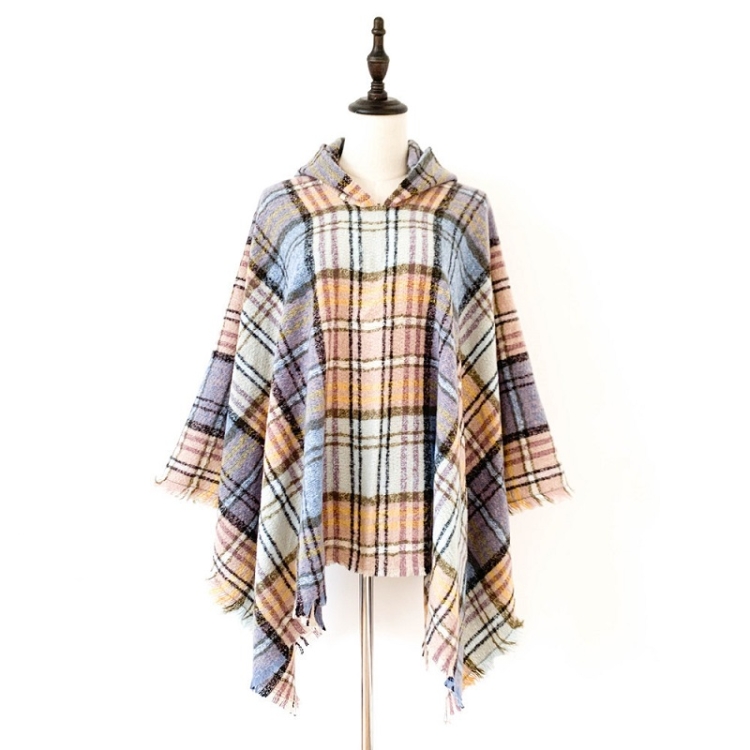 Spring Autumn Winter Checkered Pattern Hooded Cloak Shawl Scarf, Length (CM): 135cm(DP-08 Blue Yellow)