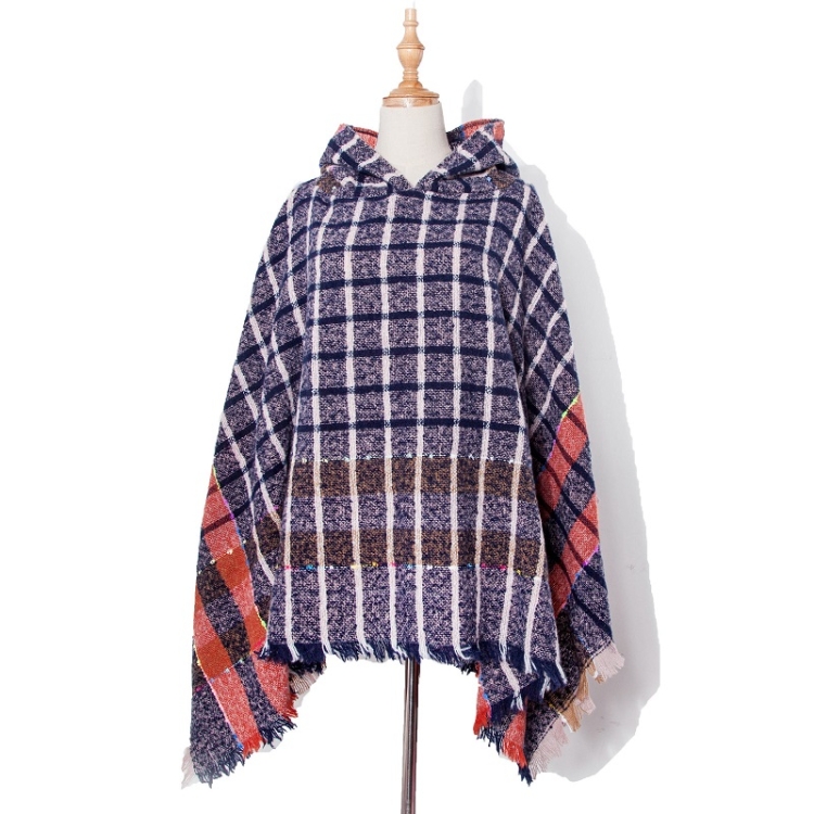 Spring Autumn Winter Checkered Pattern Hooded Cloak Shawl Scarf, Length (CM): 135cm(DP2-01 Navy)
