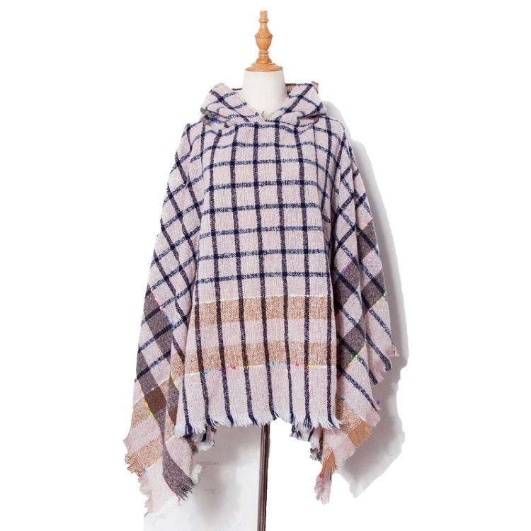 Spring Autumn Winter Checkered Pattern Hooded Cloak Shawl Scarf, Length (CM): 135cm(DP2-02 Pink White)