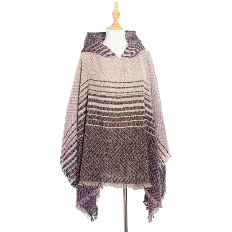 Spring Autumn Winter Checkered Pattern Hooded Cloak Shawl Scarf, Length (CM): 135cm(DP4-07 Purple)