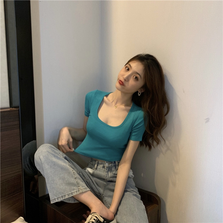 Square Neck Slim Crop Top Summer Short Sleeve Bottoming Shirt(Green)
