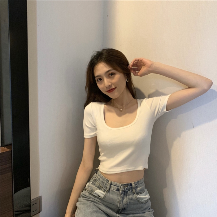 Square Neck Slim Crop Top Summer Short Sleeve Bottoming Shirt(White)