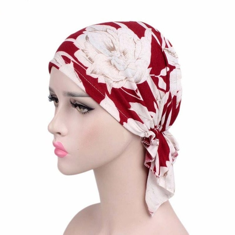 Stretch Cotton Printed Turban Cap Chemotherapy Cap Toe Cap, Size:One Size(Big Flower On Red)