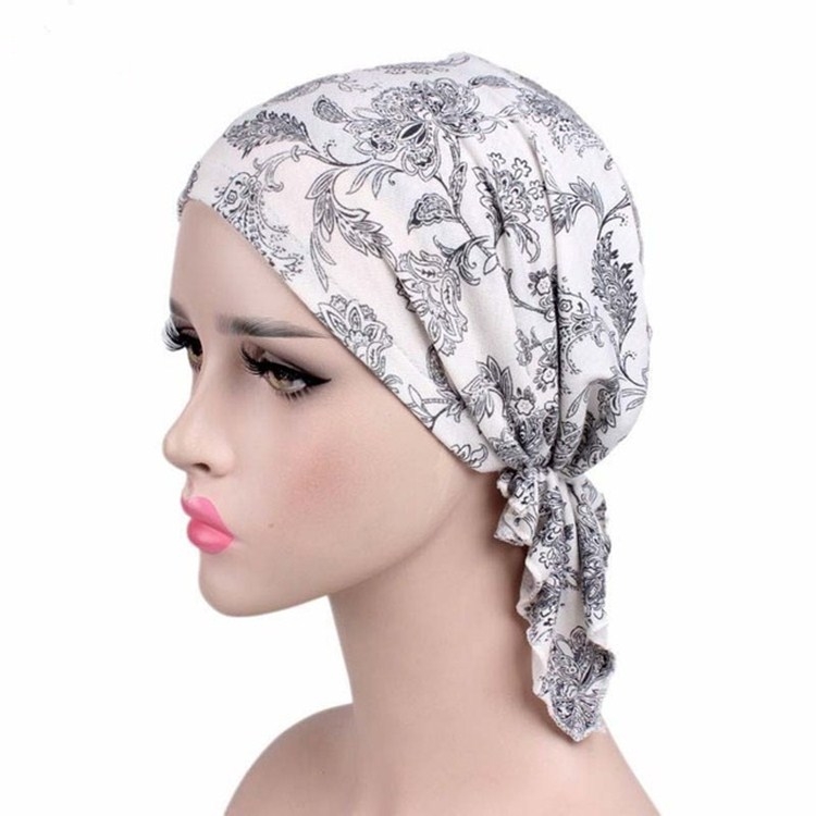 Stretch Cotton Printed Turban Cap Chemotherapy Cap Toe Cap, Size:One Size(Black Leaves)