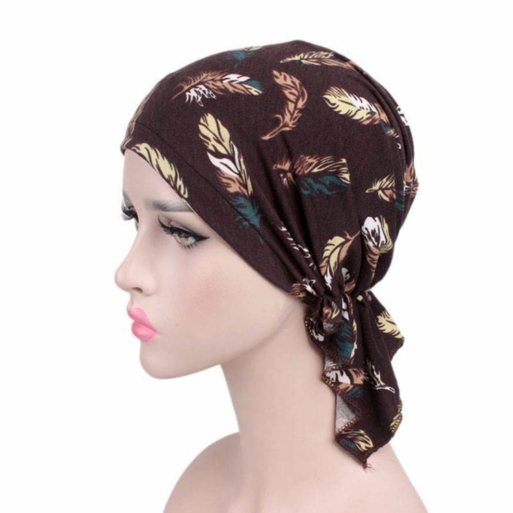 Stretch Cotton Printed Turban Cap Chemotherapy Cap Toe Cap, Size:One Size(Coffee Feather)