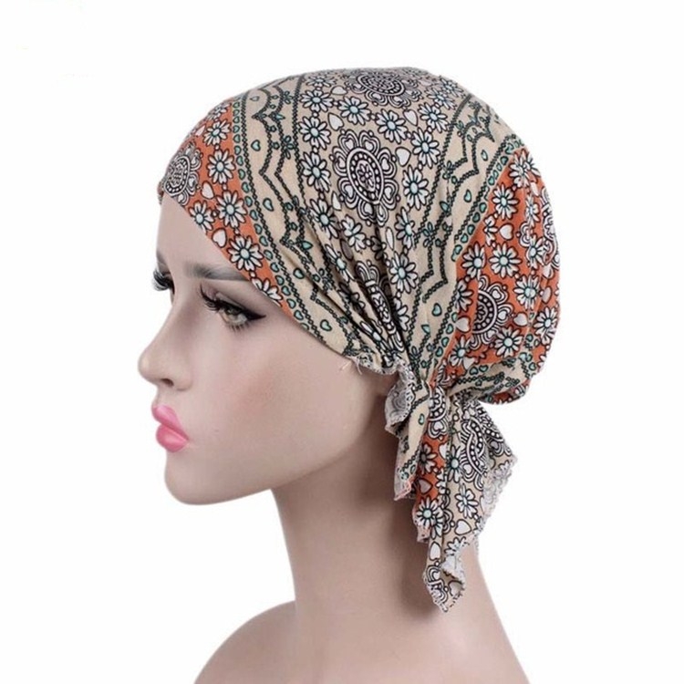 Stretch Cotton Printed Turban Cap Chemotherapy Cap Toe Cap, Size:One Size(Floral Green)