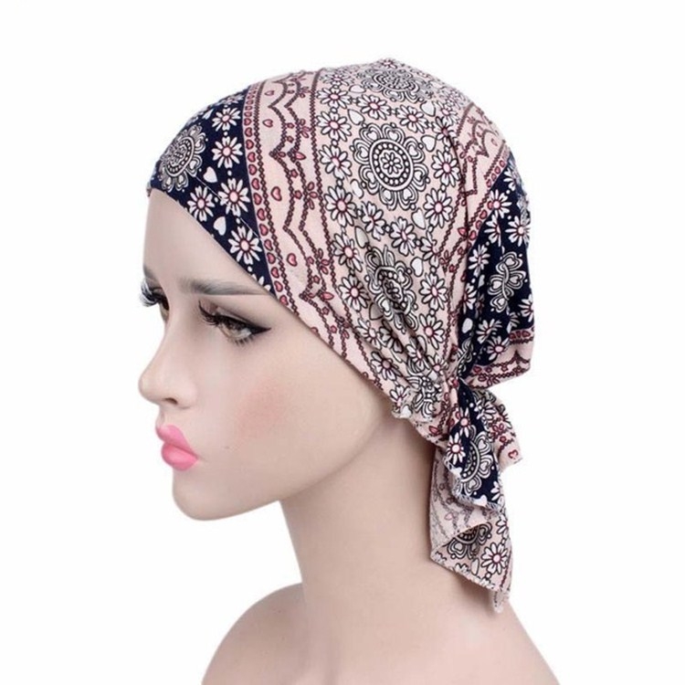 Stretch Cotton Printed Turban Cap Chemotherapy Cap Toe Cap, Size:One Size(Floral Pink)