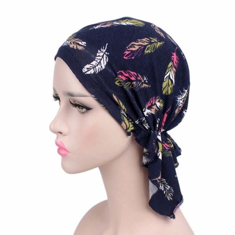Stretch Cotton Printed Turban Cap Chemotherapy Cap Toe Cap, Size:One Size(Navy Blue Feather)