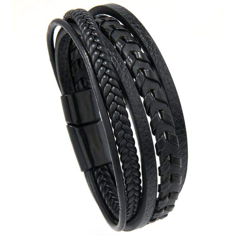 Stylish Minimalist Handmade Braided Leather Bracelet for Men with Magnetic Clasp Closure(Black)