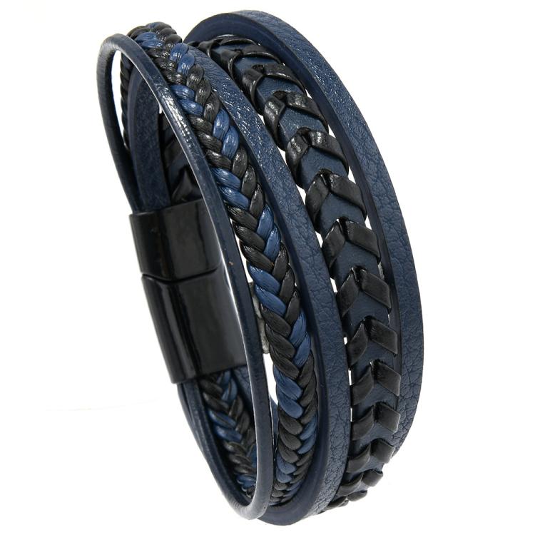 Stylish Minimalist Handmade Braided Leather Bracelet for Men with Magnetic Clasp Closure(Deep Blue)
